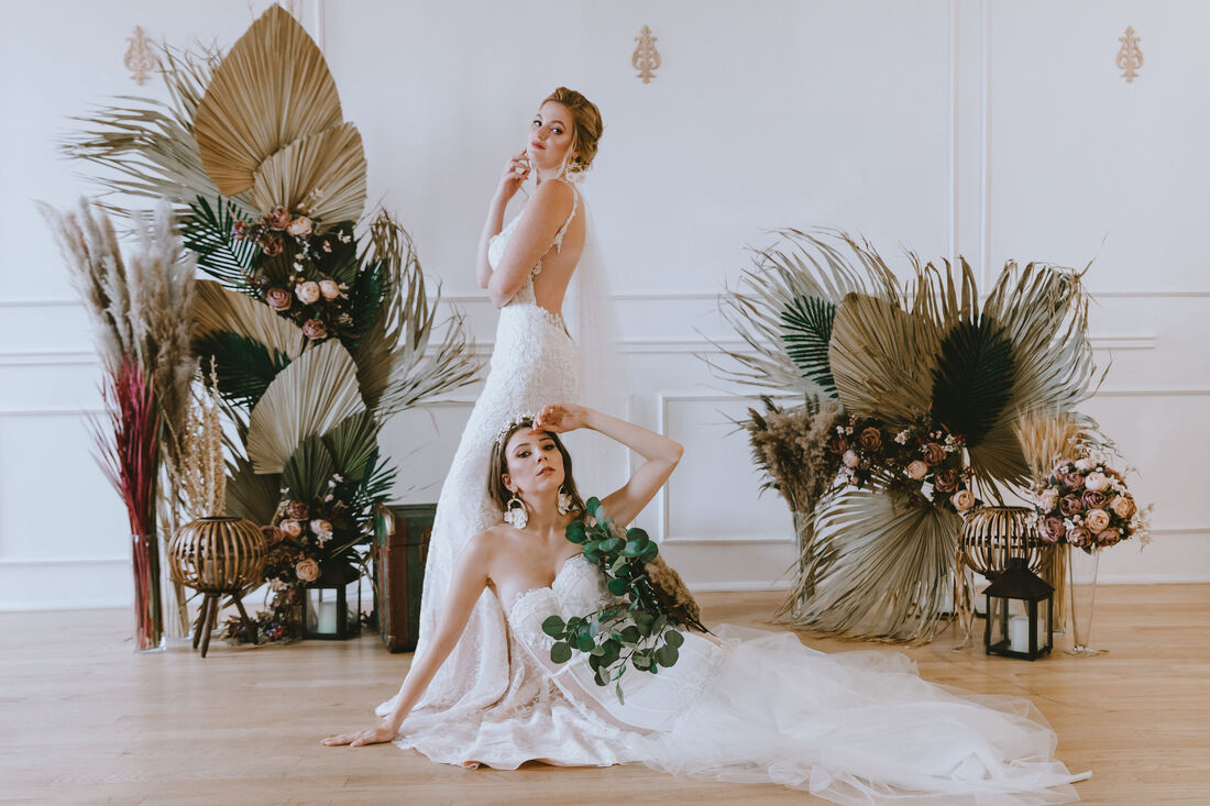 Elegant bridal gowns with bohemian decor
